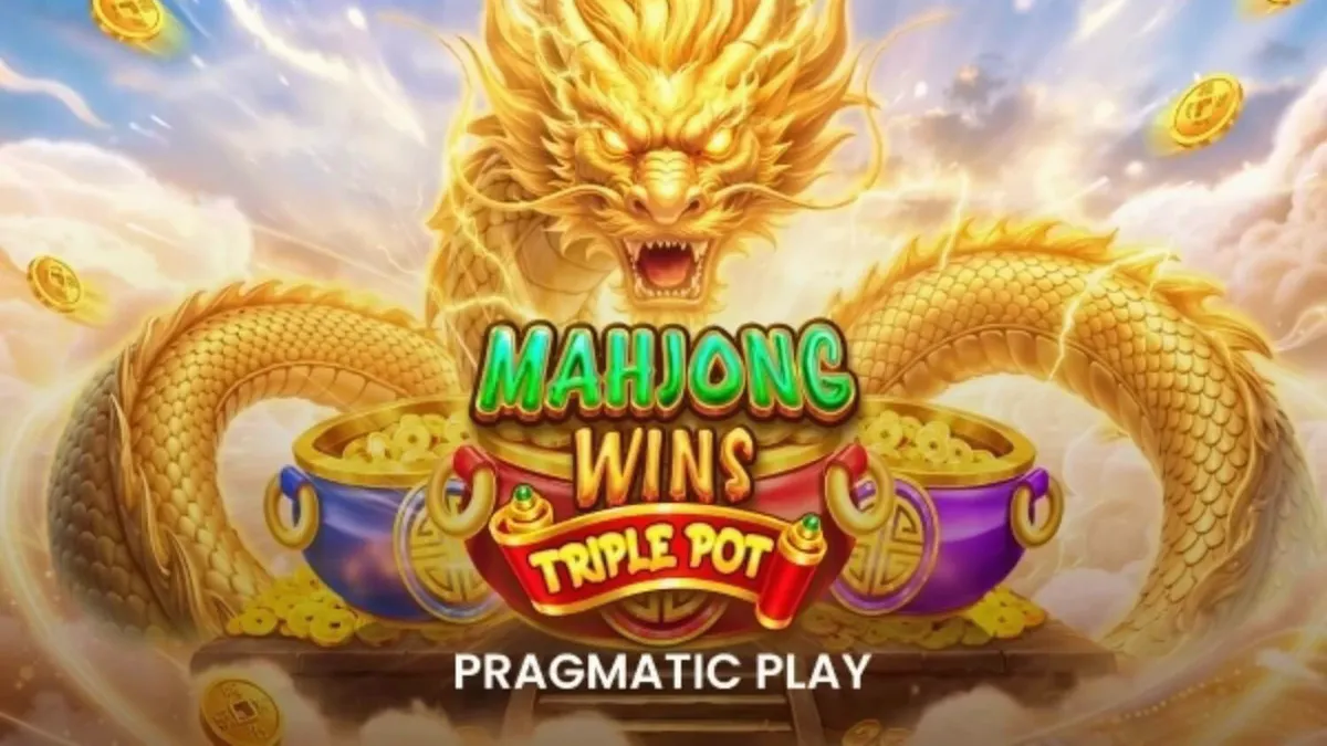Tampilan visual slot Mahjong Wins Triple Pot dengan tema naga dan ubin Mahjong