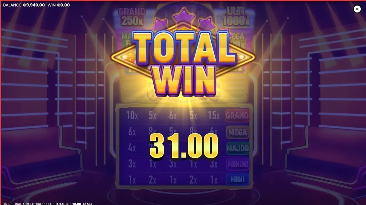 Tampilan visual mesin slot Ball X Multi-Drop dengan simbol buah dan neon