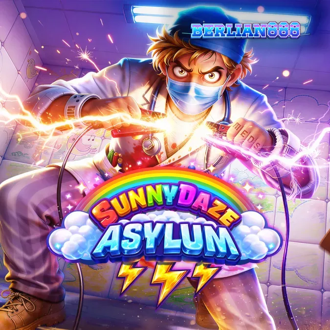 Tampilan visual slot Sunnydaze Asylum dengan nuansa rumah sakit yang unik